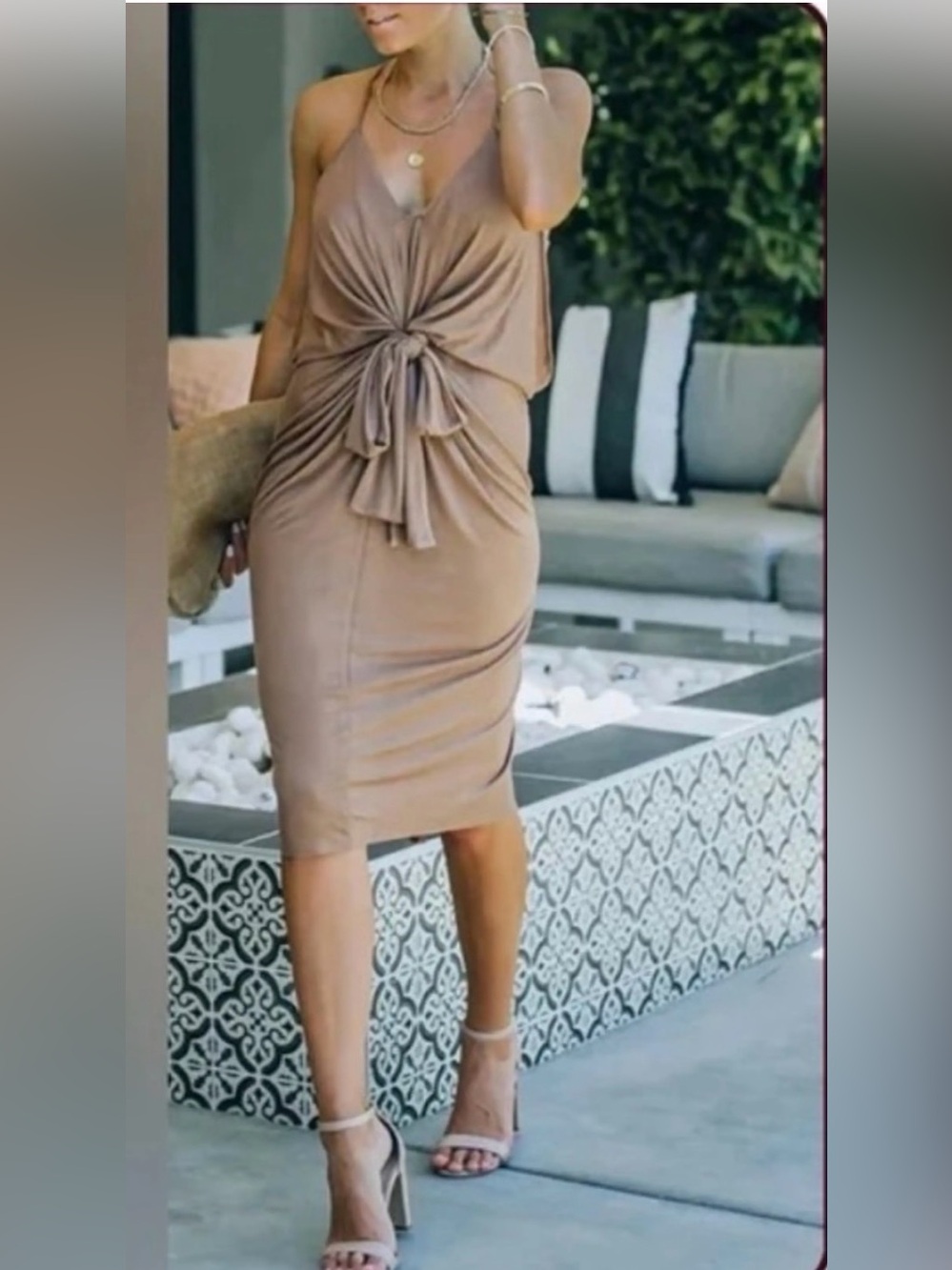 Knot Waist/Front Bodycon Midi Dress (Light Blue)